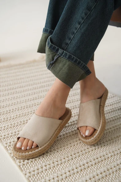 Grey Süet Bej Kadın Terlik - Resim 5