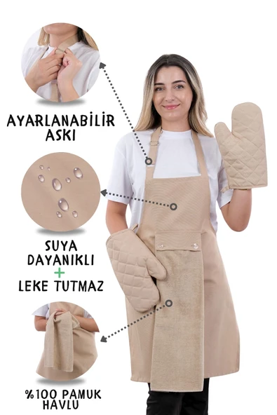 Star Ayar Askılı Havlulu 4lü Mutfak Önlüğü Seti (2 ELDİVEN)