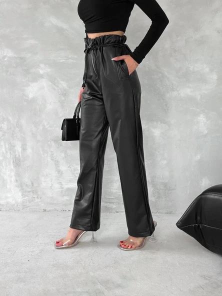 Kendinden ince kemerli deri pantolon siyah t1178 - 6