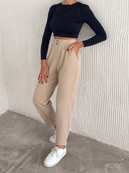 örme krep pantolon çift düğmeli - 4