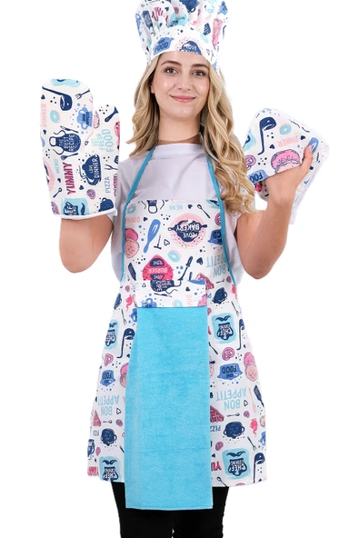 Damla 5li Set Sıvı Geçirmez Su Geçirmez Mutfak Önlüğü Seti (Şapka, Eldiven, Tutacak)