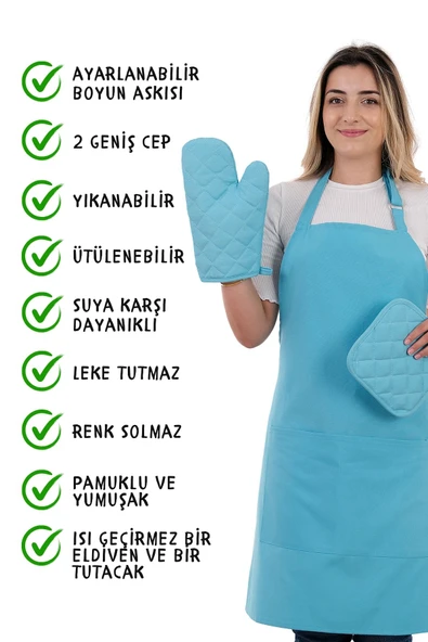 Simple 3lü Set Ayar Askılı Mutfak Önlüğü Seti (ELDİVEN, TUTACAK) - 10