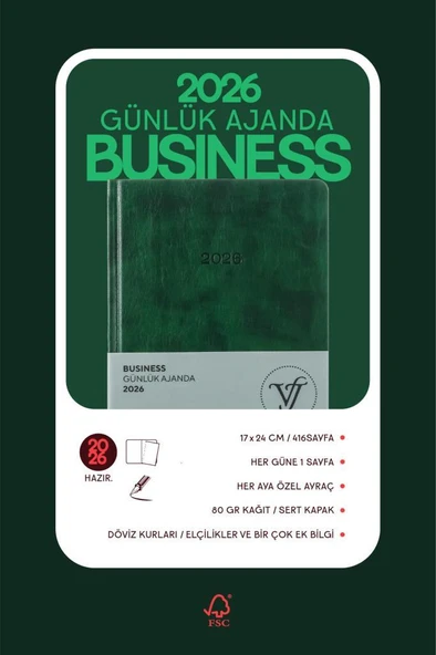 Victoria's Journals Business 2026 Günlük Ajanda 17x24cm Sert Kapak Ivory 80gr. Ayraçlı Yeşil - Resim 4