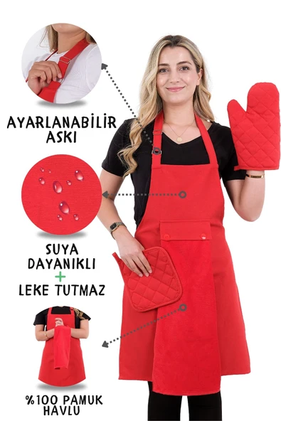 Star Ayar Askılı Havlulu 4lü Mutfak Önlüğü Seti (ELDİVEN TUTACAK)