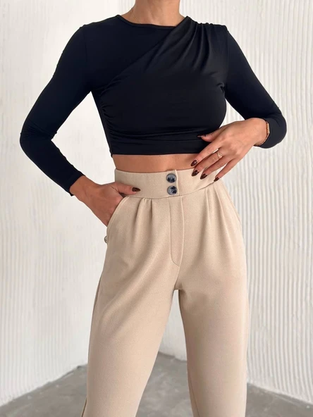 örme krep pantolon çift düğmeli - 3