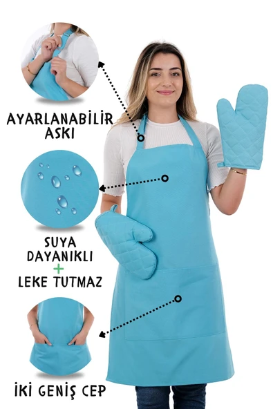 Simple 3lü Set Ayar Askılı Cepli Mutfak Önlüğü Seti (2 ELDİVEN) Şef Garson Kafe Aşçı Barista - 9