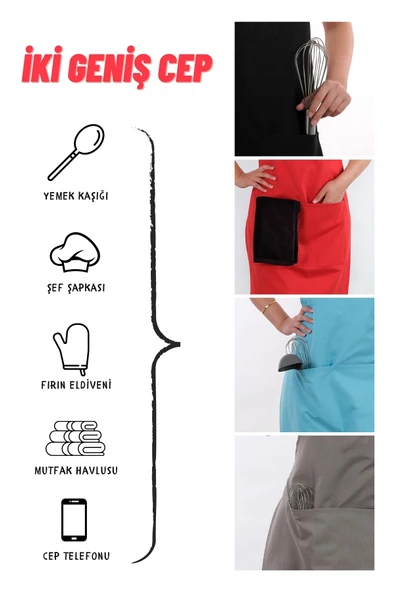 Simple 3lü Set Ayar Askılı Cepli Mutfak Önlüğü Seti (2 ELDİVEN) Şef Garson Kafe Aşçı Barista - 8