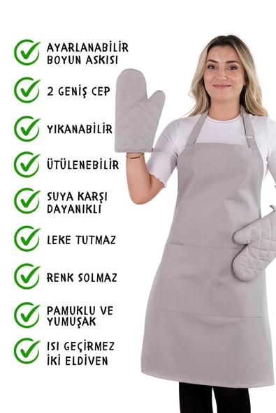Simple 3lü Set Ayar Askılı Cepli Mutfak Önlüğü Seti (2 ELDİVEN) Şef Garson Kafe Aşçı Barista - 2