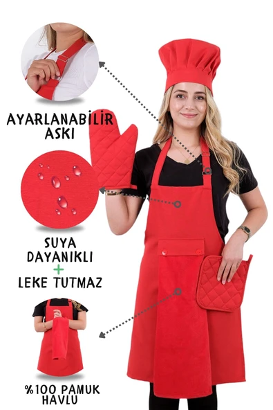Star Ayar Askılı 5li Mutfak Önlüğü Seti (AYAR ASKILI HAVLULU ÖNLÜK, ŞAPKA, ELDİVEN, TUTACAK)
