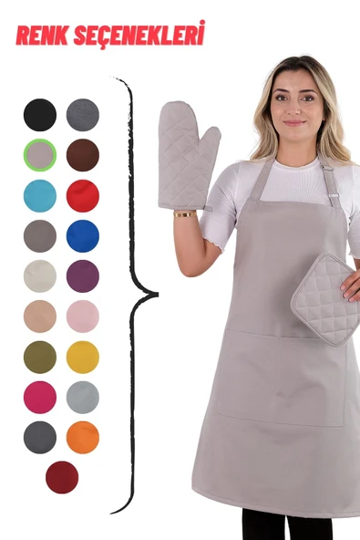 Simple 3lü Set Ayar Askılı Mutfak Önlüğü Seti (ELDİVEN, TUTACAK) - 5