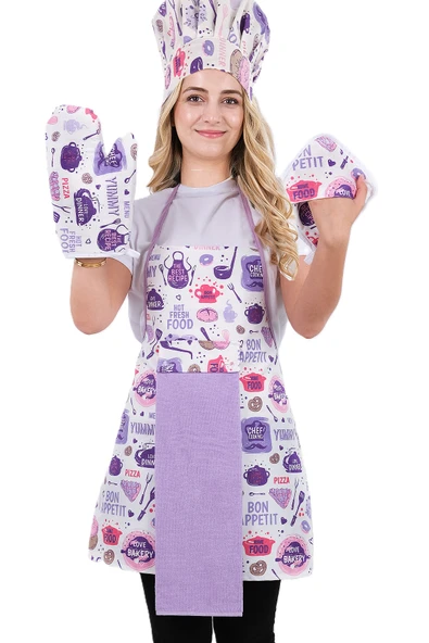 Damla 5li Set Sıvı Geçirmez Su Geçirmez Mutfak Önlüğü Seti (Şapka, Eldiven, Tutacak) - 2