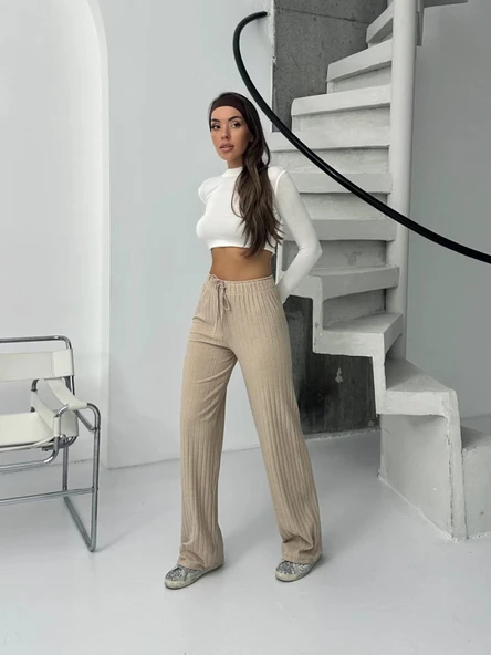 Fitilli şardonlu pantolon bej a4058 - 2