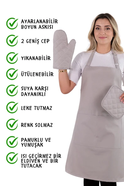 Simple 3lü Set Ayar Askılı Mutfak Önlüğü Seti (ELDİVEN, TUTACAK) - 2