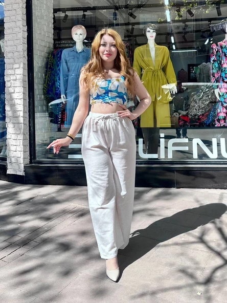 Bağcıklı keten pantolon krem - 3