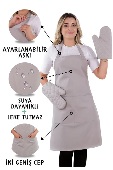 Simple 3lü Set Ayar Askılı Cepli Mutfak Önlüğü Seti (2 ELDİVEN) Şef Garson Kafe Aşçı Barista