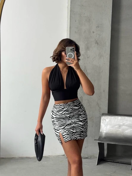 Tek yırtmaçlı zebra desenli deri etek beyazsiyah w24475-S - 2