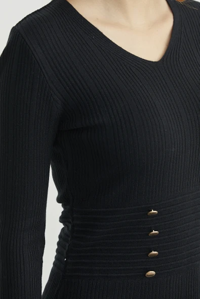 Düğme Detaylı V Yaka Triko Elbise - Siyah - Resim 5