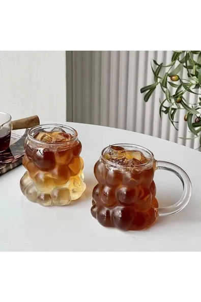 3 Adet Büyük Boy Kulplu Cam Kupa Üzüm Tasarımlı Borosilikat Cam Nescafe, Latte, Meşrubat Bardağı - 4