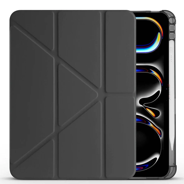 iPad Pro 11 inç M5 2025 Uyumlu Kılıf Üçgen Katlanabilir Kalem Şarj Bölmeli Kılıf  Siyah - Resim 3