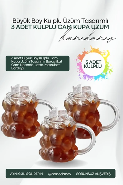 3 Adet Büyük Boy Kulplu Cam Kupa Üzüm Tasarımlı Borosilikat Cam Nescafe, Latte, Meşrubat Bardağı