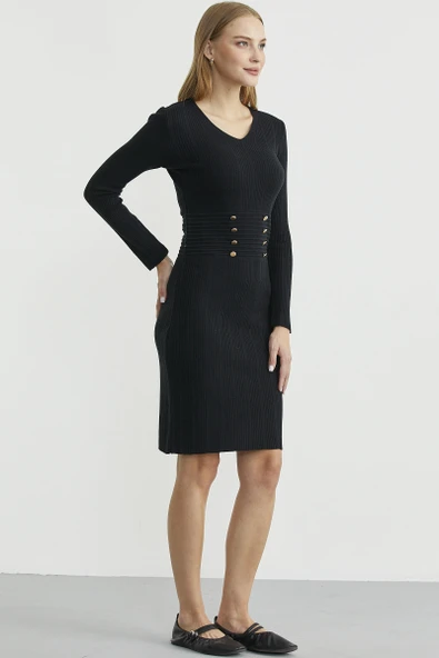 Düğme Detaylı V Yaka Triko Elbise - Siyah - Resim 4