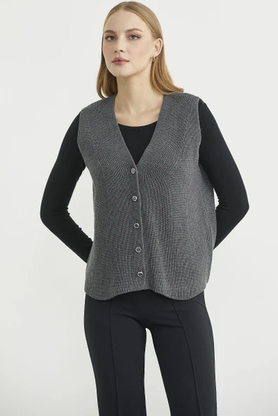 Selanik Örgü Düğmeli Yünlü Triko Yelek - Koyu Gri ürün görseli 1
