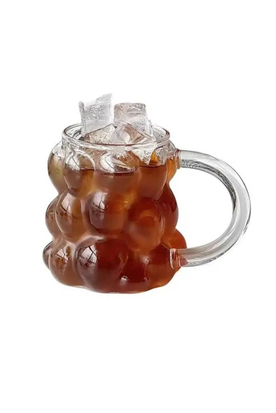 3 Adet Büyük Boy Kulplu Cam Kupa Üzüm Tasarımlı Borosilikat Cam Nescafe, Latte, Meşrubat Bardağı - 3
