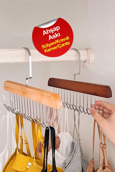 1 Adet Çok Fonksiyonlu Ahşap Askı, 8 Kancalı Askı, Eşarp Kravat Kemer Sütyen Çanta Askısı - 5