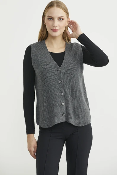 Selanik Örgü Düğmeli Yünlü Triko Yelek - Koyu Gri - Resim 3