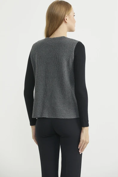 Selanik Örgü Düğmeli Yünlü Triko Yelek - Koyu Gri - Resim 5