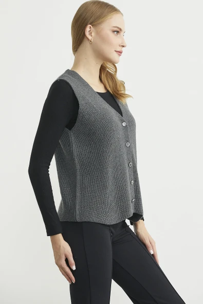 Selanik Örgü Düğmeli Yünlü Triko Yelek - Koyu Gri - Resim 4