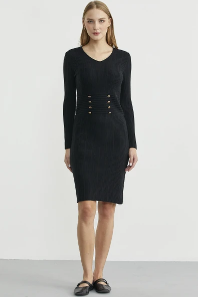 Düğme Detaylı V Yaka Triko Elbise - Siyah ürün görseli 1