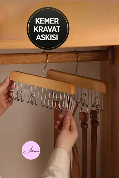 1 Adet Çok Fonksiyonlu Ahşap Askı, 8 Kancalı Askı, Eşarp Kravat Kemer Sütyen Çanta Askısı - 4