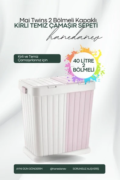 2 Bölmeli Dokumatik Kapaklı Mai Twins Temiz Kirli Çamaşır Sepeti 40+40 Litre