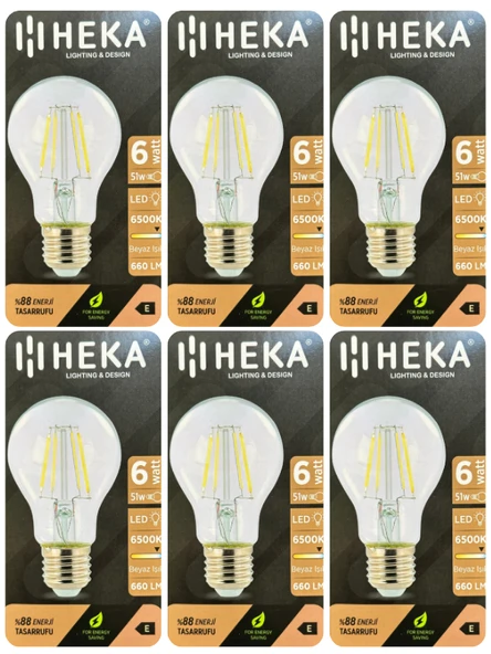 (6 Adet) Heka 6W (51W) 6500K (Beyaz Işık) E27 Duylu (Kalın Duy) Led Şeffaf Ampul ürün görseli 1