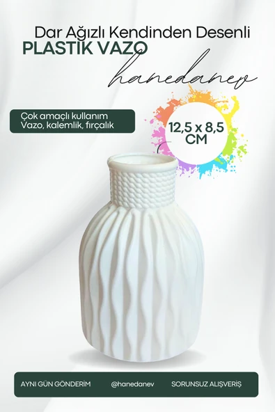 Kendinden Desenli Dar Ağızlı Plastik Vazo - Çok Amaçlı Kalemlik Fırçalık Vazo 12,5 x 8,5 Cm