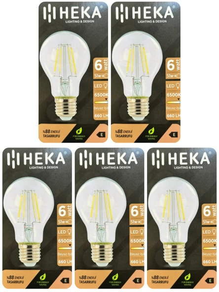 (5 Adet) Heka 6W (51W) 6500K (Beyaz Işık) E27 Duylu (Kalın Duy) Led Şeffaf Ampul ürün görseli 1