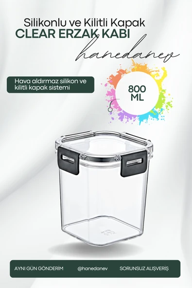 Clear Kare Erzak Kabı - Silikonlu ve Kilitli Kapaklı Saklama Kabı 850 ML 12 x 12,5 Cm