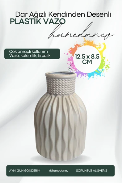 Kendinden Desenli Dar Ağızlı Plastik Vazo - Çok Amaçlı Kalemlik Fırçalık Vazo 12,5 x 8,5 Cm - 4