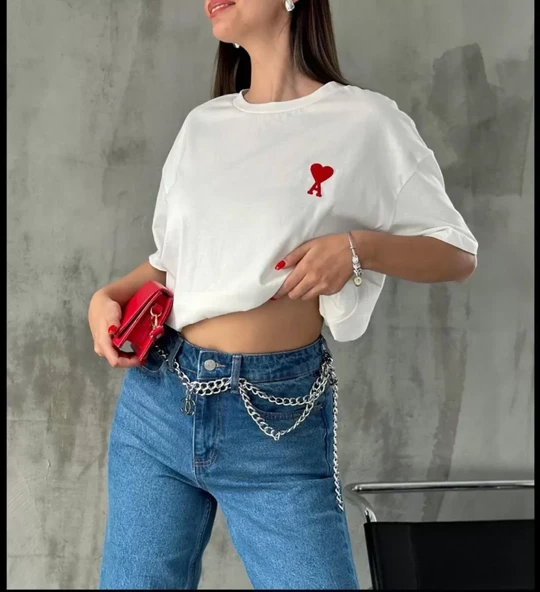 Unisex Bisiklet Yaka Baskılı Oversize T-Shirt - Beyaz - Resim 2