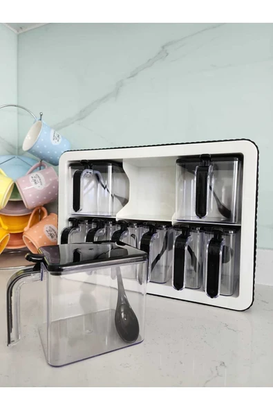 9'lu Baharatlık Takımı Standlı Kendinden Yapışkanlı Kaşıklı ve Kapaklı Baharatlık Seti - 3