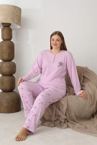 Lindros Kadın Pamuk'lu Düğme Yaka Raporlu İnterlok KIŞLIK Battal Pijama Takımı 05164 - 1 Adet   4XL Gül Kurusu - Resim 4