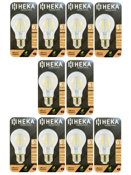 (10 Adet) Heka 6W (51W) 6500K (Beyaz Işık) E27 Duylu (Kalın Duy) Led Şeffaf Ampul ürün görseli 1