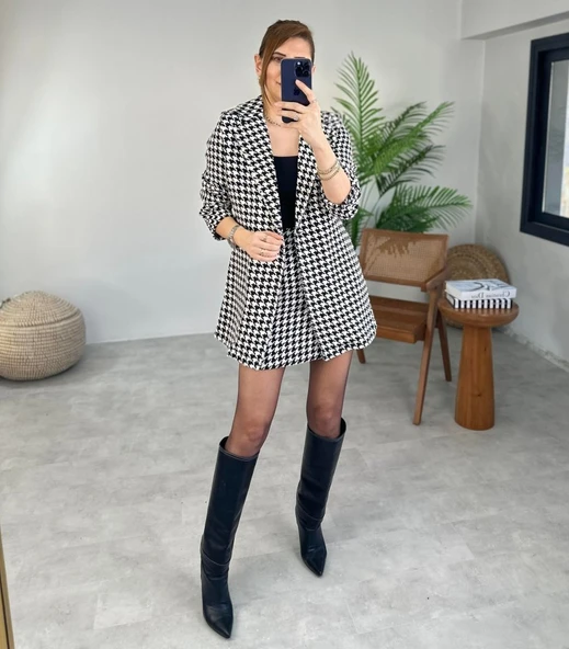 Kadın Kazayağı Desen Vatka Detay Kaban Ve Yüksek Bel Etek Ikili Takım - Resim 12