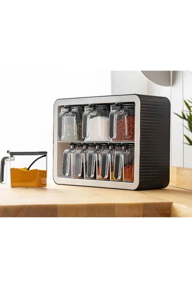 9'lu Baharatlık Takımı Standlı Kendinden Yapışkanlı Kaşıklı ve Kapaklı Baharatlık Seti - 2