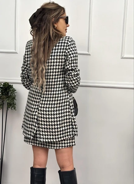 Kadın Kazayağı Desen Vatka Detay Kaban Ve Yüksek Bel Etek Ikili Takım - Resim 11