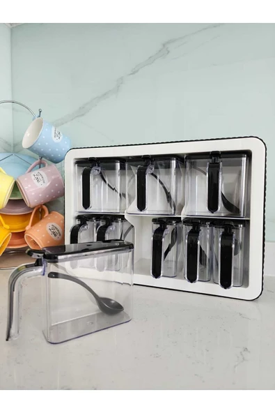 9'lu Baharatlık Takımı Standlı Kendinden Yapışkanlı Kaşıklı ve Kapaklı Baharatlık Seti - 5