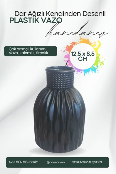 Kendinden Desenli Dar Ağızlı Plastik Vazo - Çok Amaçlı Kalemlik Fırçalık Vazo 12,5 x 8,5 Cm - 2