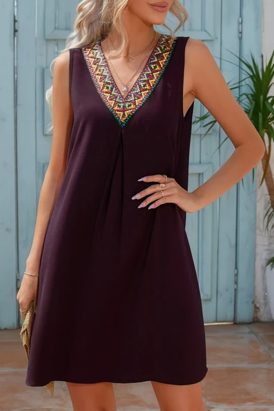 Kadın Sıfır Kol şerit Detaylı V Yaka Viskon Elbise - Resim 3