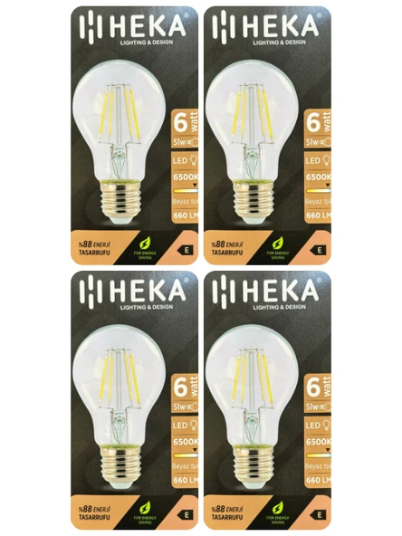 (4 Adet) Heka 6W (51W) 6500K (Beyaz Işık) E27 Duylu (Kalın Duy) Led Şeffaf Ampul ürün görseli 1